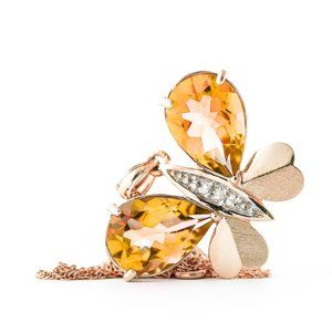 14K. SOLID GOLD BATTERFLY NECKLACE WITH NATURAL DIAMONDS & WHITE TOPAZ